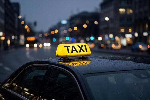 Illuminated taxi sign on a car roof at night in the city